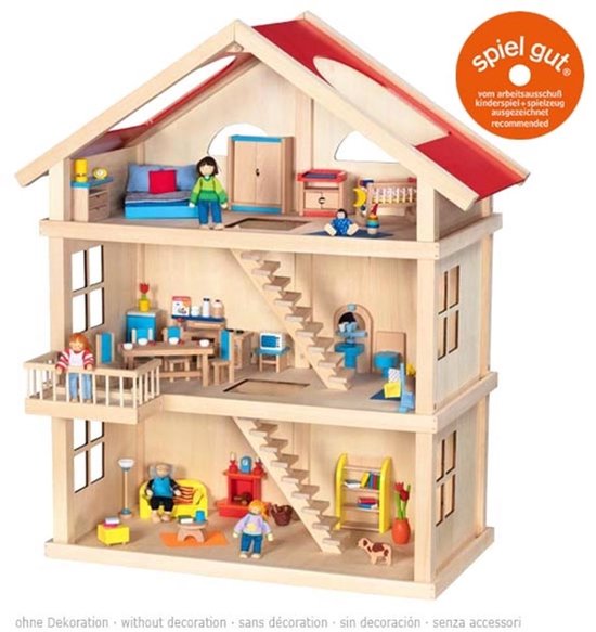 Houten poppenhuis met drie verdiepingen, rode daken, balkon en veel kamers. Met "spiel gut" keurmerk.