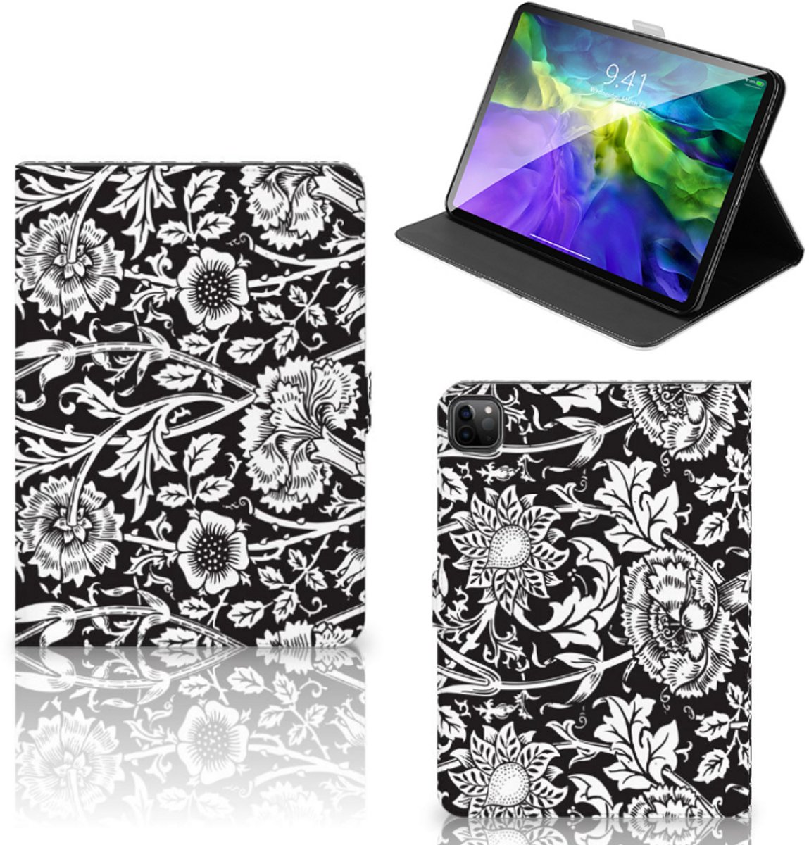 iPad Pro 11 2020/2021/2022 Tablet Cover Black Flowers