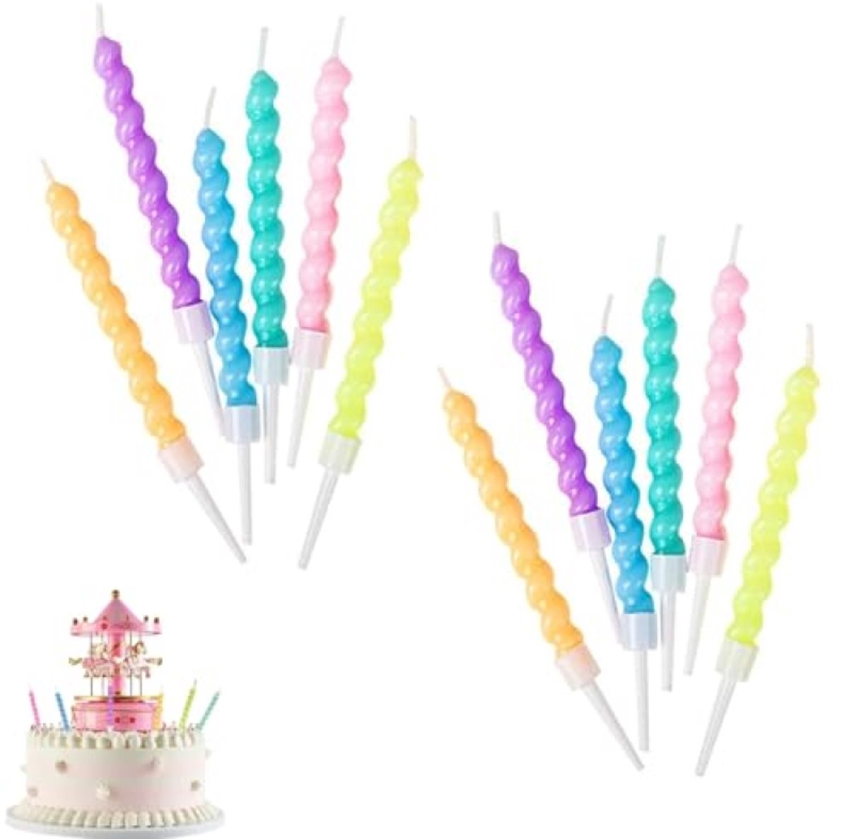 Set van 12 gedraaide feestkaarsen - vrolijke kleuren voor taartdecoratie