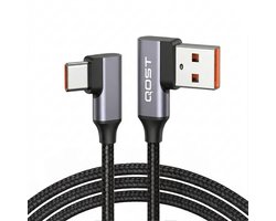 Qost - USB C Kabel - 90 Graden - USB C naar USB A - USB 3.2 - Snellader - Oplader - Oplaadkabel - L shape - Gevlochten Nylon - 1 Meter - Spacegrey