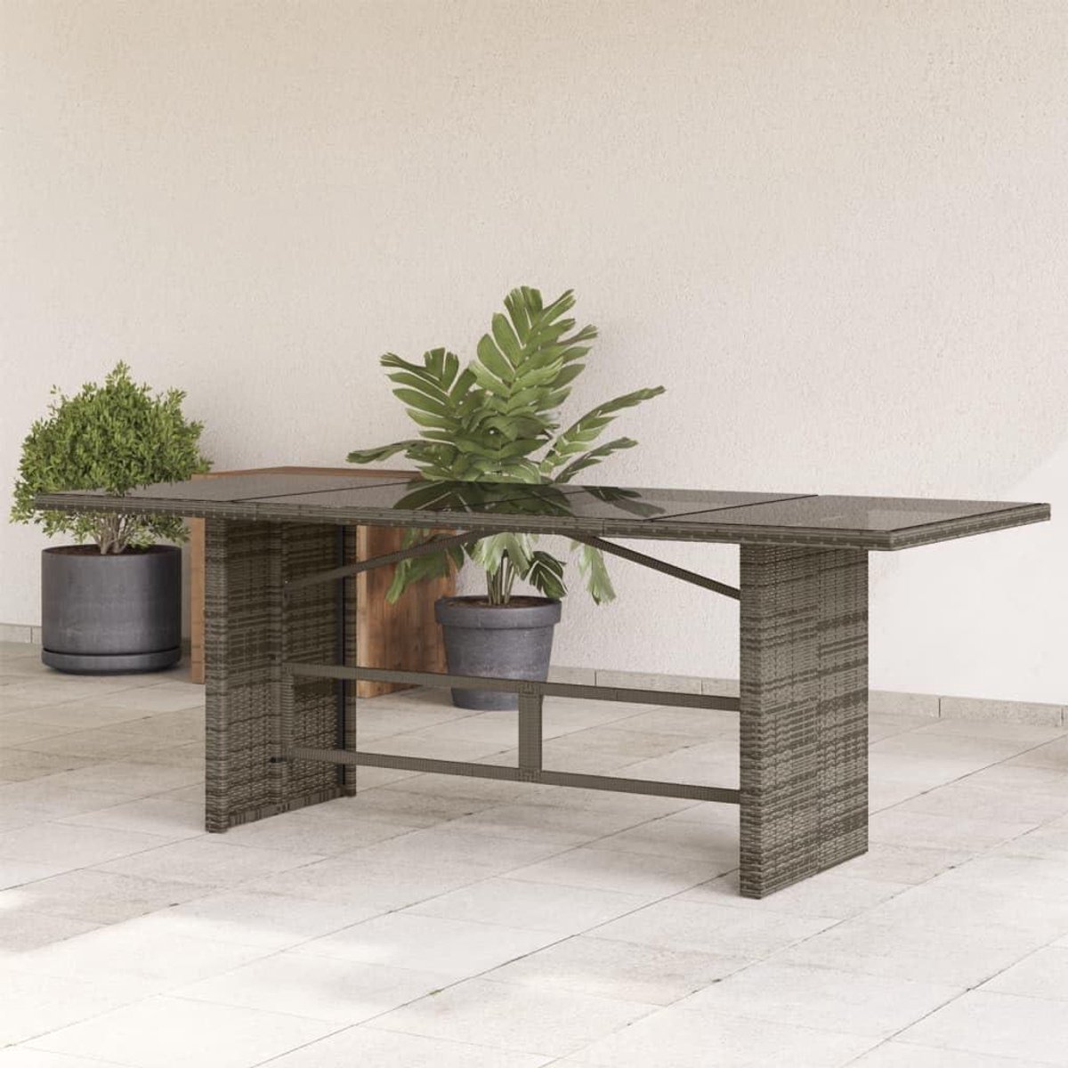 Tuintafel Polyrotan - Outdoor tafel - Terras Genieten - Gehard Glasblad - 190 x 80 cm - Grijs