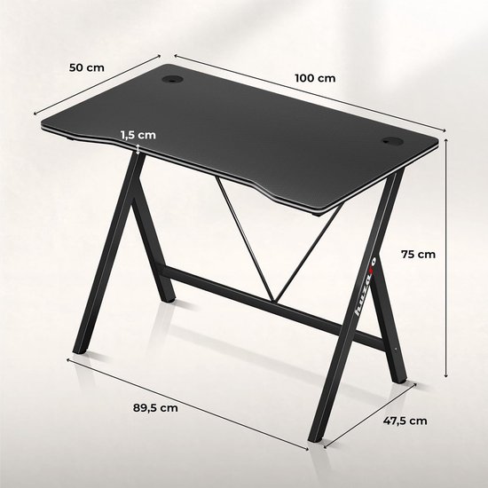 huzaro Hero 1.4 Black Computertafel, gamingtafel, bureau, pc-tafel, 100 x 50 cm, twee kabeldoorvoeringen, stalen constructie, carbon tafelblad, zwart — afbeelding 2
