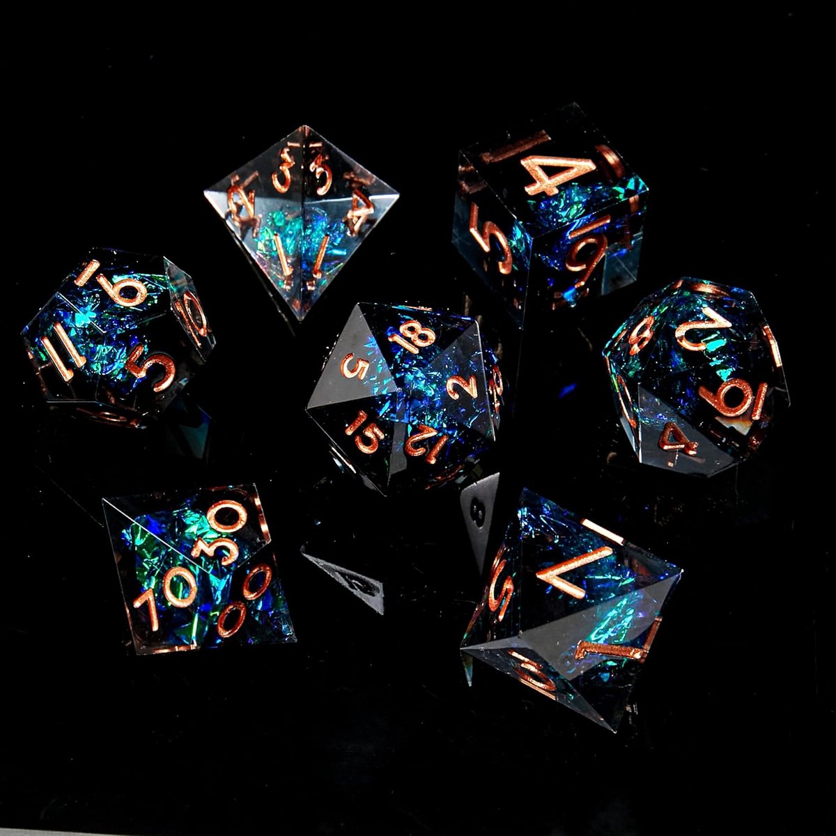 D&D dobbelset 7-delig - Handgemaakt hars met scherpe randen en vloeibare kern voor RPG's en bordspellen