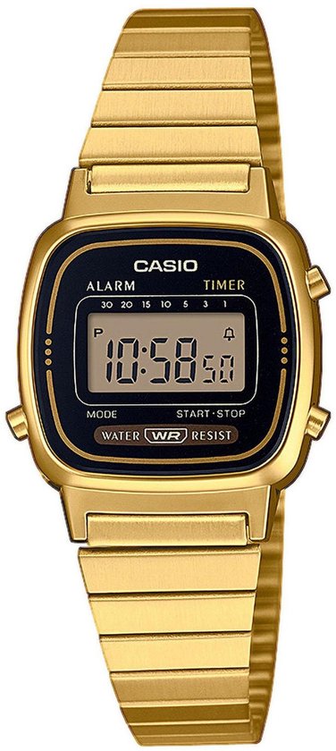 Goudkleurig Casio dameshorloge met zwart digitaal display en metalen band.