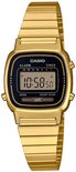 Goudkleurig Casio dameshorloge met zwart digitaal display en metalen band.