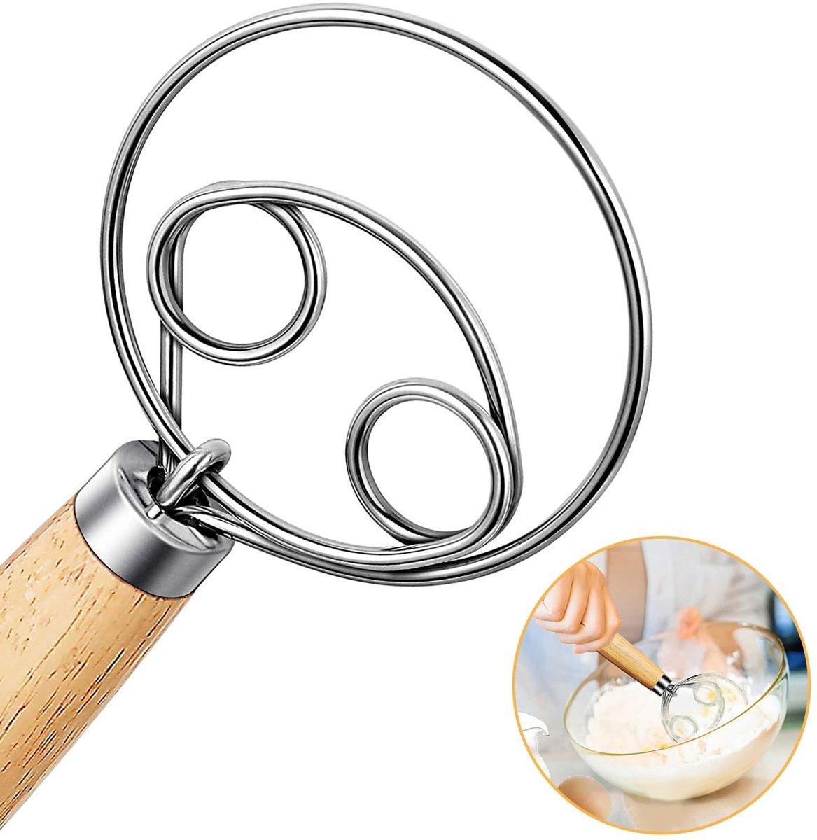 Cosensi- Deense Deegbezem 33 Inch - Houten Handvat - Roestvrij Stalen Draad - Handmixer - Geschikt voor Brood/Pasta - Lichtgewicht Keukengereedschap