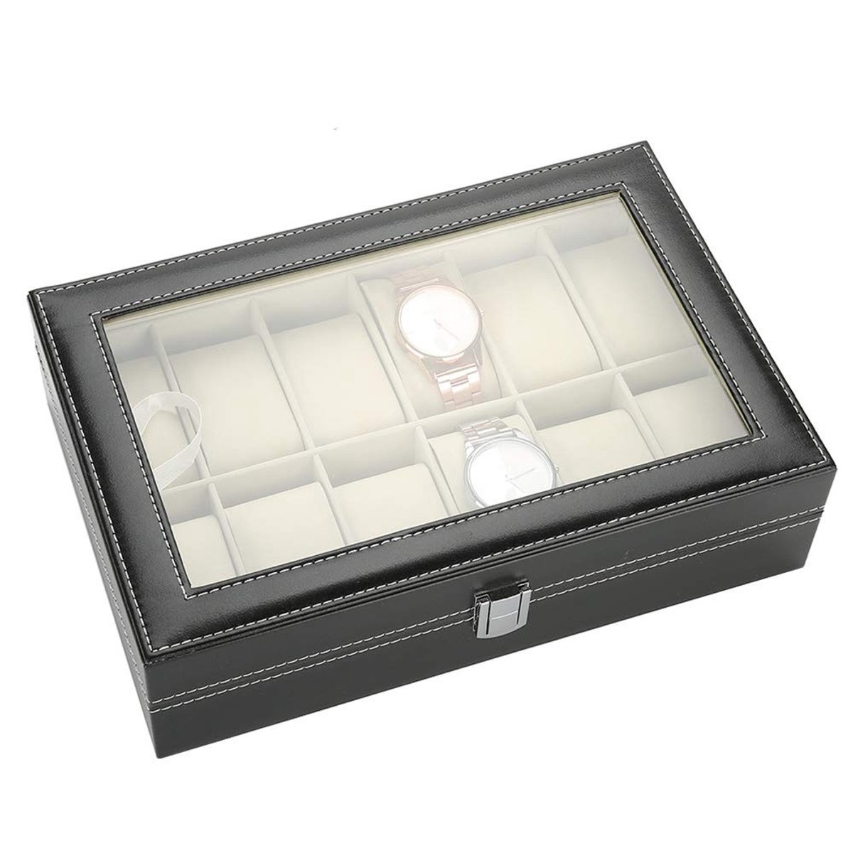 Cosensi- Horloge Doos - 12 Grids - Duurzaam PU Leer - Lockable - Transparante Glazen Deksel - Stof- en Vochtbestendig - Sieradenbox