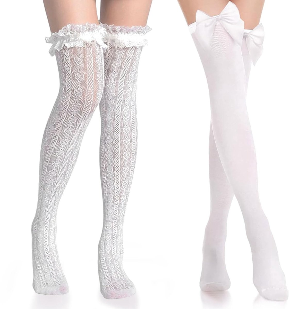 Cosensi- Hold-up Kousen 2 Paar - Witte Dijhoge Kousen - Anti-slip Sok - Satijnen Strik - Ademend Materiaal - Zacht en Duurzaam - Dijhoge Sokken