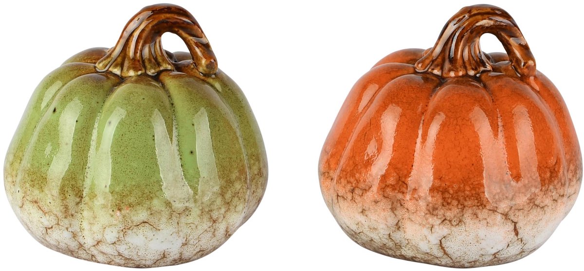 Dekoratief | Deco pompoen, groen/oranje, porselein, 11x11x10cm, set van 2 stuks | A265864
