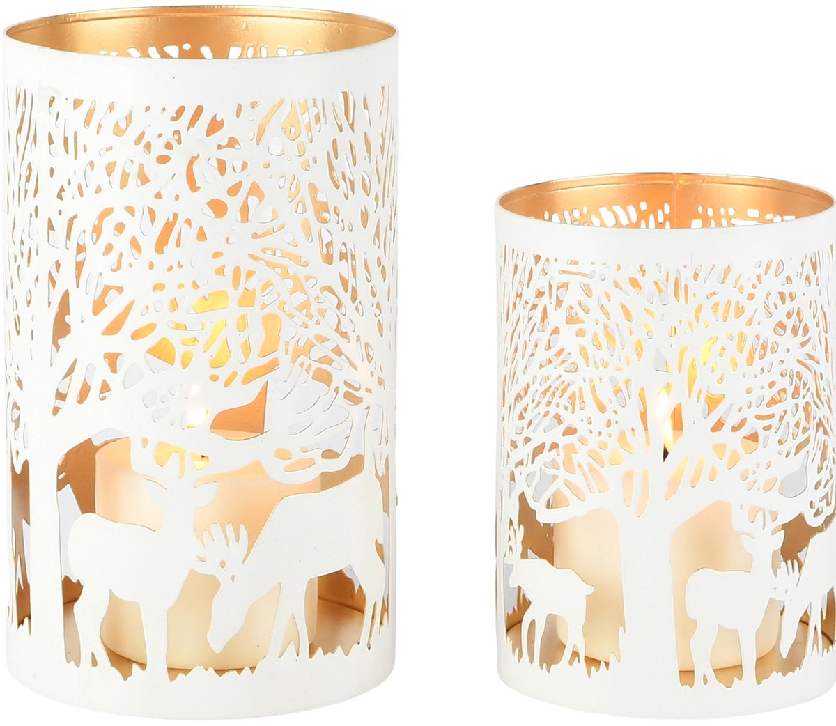 dekoratief Set 2 Waxinelichthouders 'Majestic Deer', wit/goud, metaal, 12x12x20cm | A268177