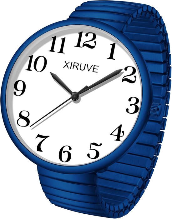 Montre bleue avec cadran blanc, chiffres noirs clairs et bracelet élastique en métal.