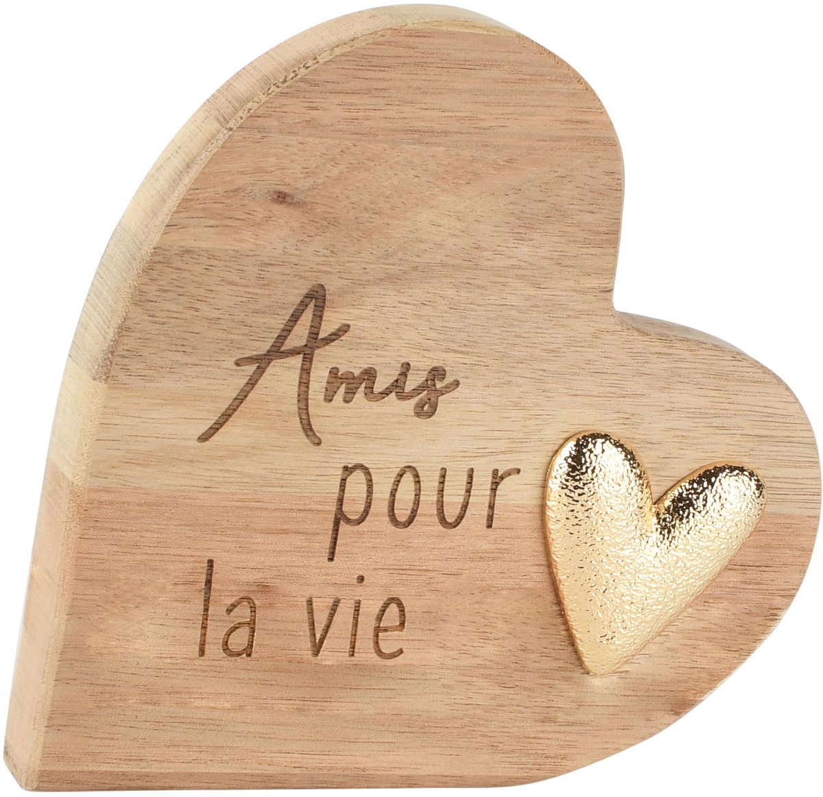Dekoratief | Deco hart 'Amis Pour La Vie', naturel/goud, hout, 15x2x15cm | A265206
