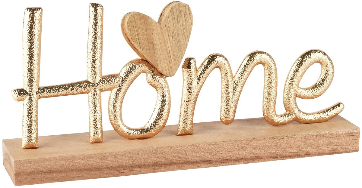 Dekoratief | Deco 'Home' m/hartje, goud/naturel, hout/metaal, 21x4x10cm | A265201