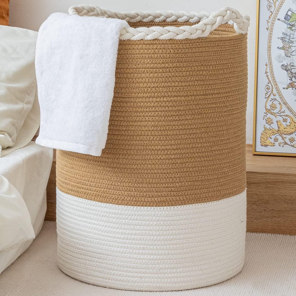 Grote Witte Wasmand (72L) Hoge Opbergmand voor Dekens Speelgoed en Kleding