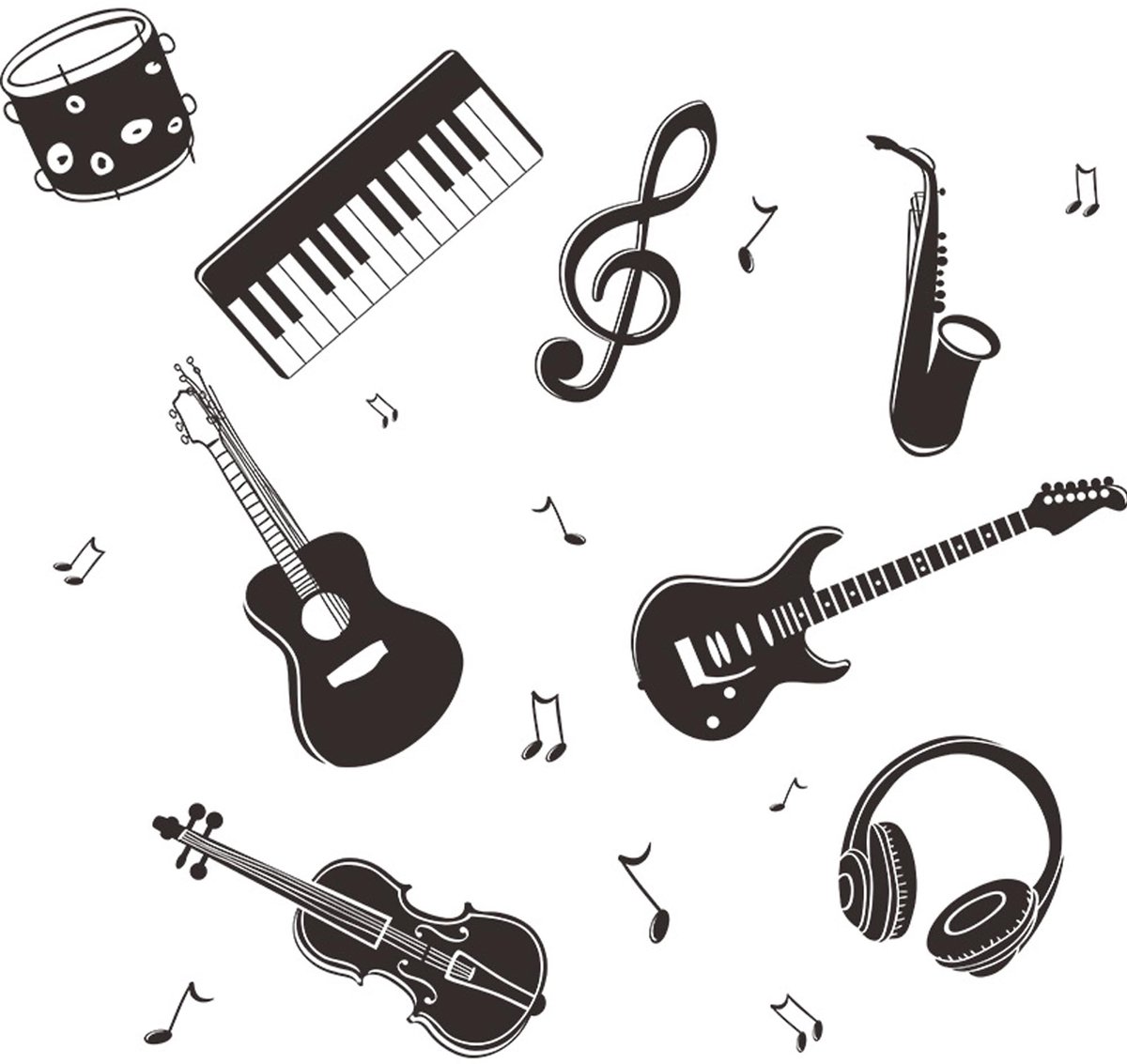 MTTproducts- Muursticker Muziekinstrument - Vinyl Muurdecoratie - Zwart - 80 x 74 cm - Hoge kwaliteit - Perfect voor DIY Decoratie