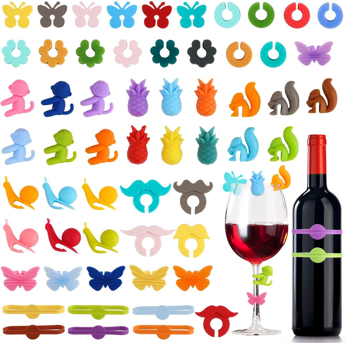 aladdien - Glasmarkeerders - Herbruikbaar - Kleurrijke siliconen - Dieren en fruitstijl - Veilig en duurzaam - Perfect voor feestjes en borrels