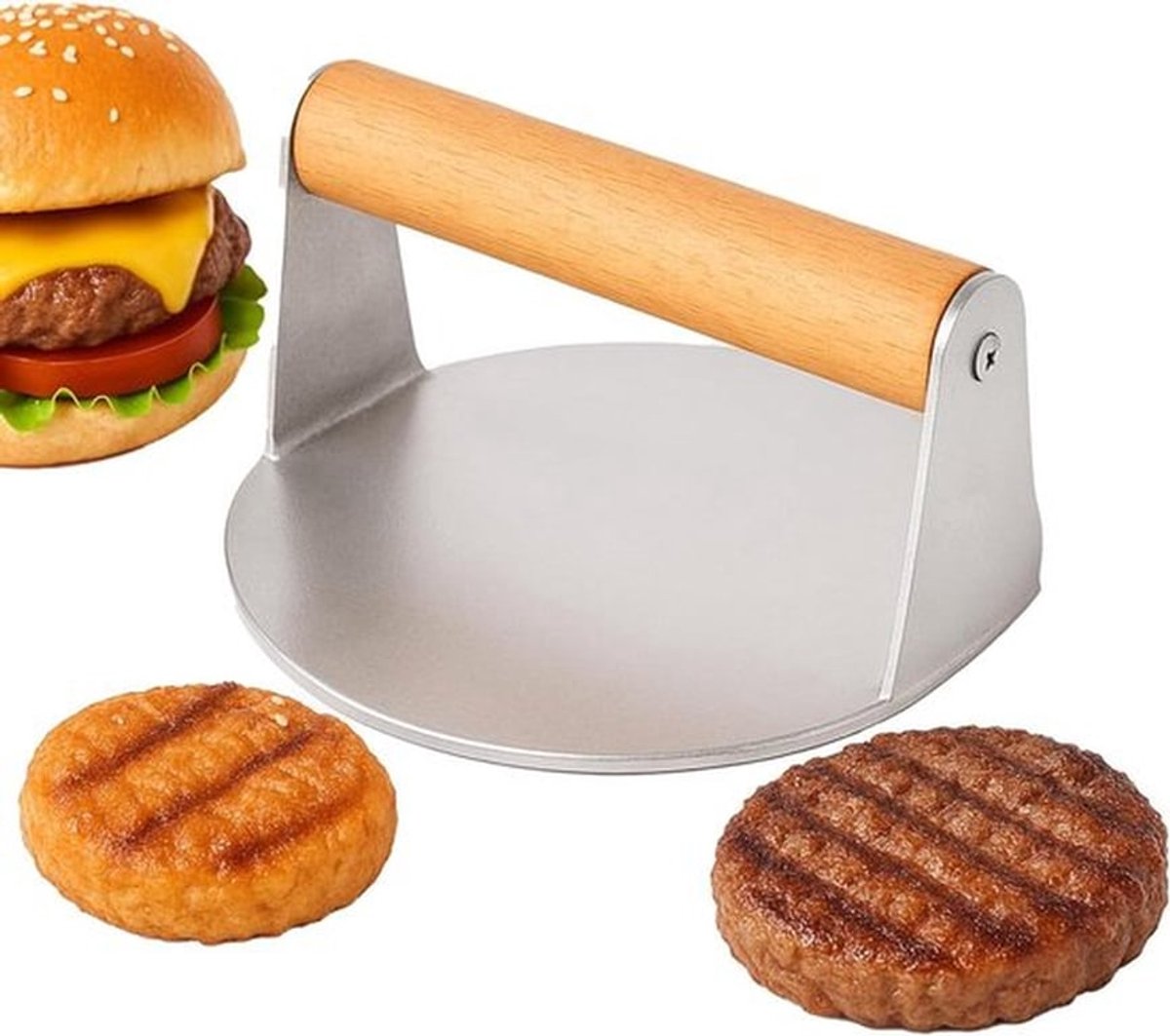 RVS Burgerpers - Hamburgerpers met Houten Handgreep, voor Grillen en Knijpgroase.