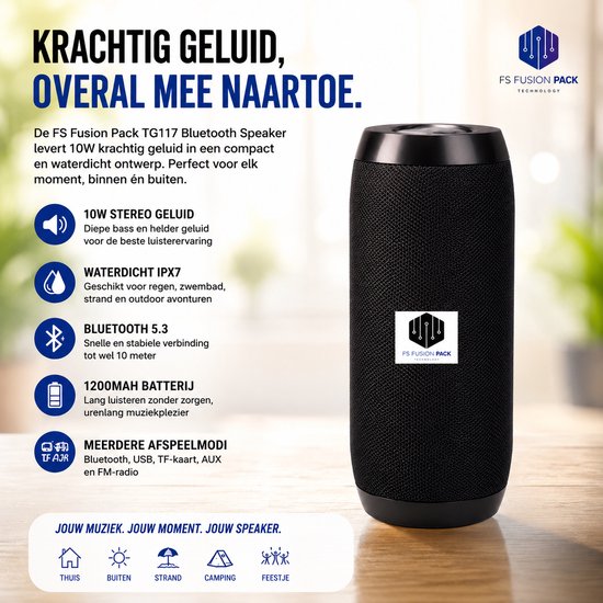 Premium 10W Wireless Speaker Waterproof FS Fusion Pack TG117 Draagbare Bluetooth Speaker - Waterproof IPX7 - Super Bass - USB/TF/FM - Outdoor Wireless Speaker - 10W - 1200mAh - Zwart- 2026-Cadeau van Merkloos — afbeelding 3