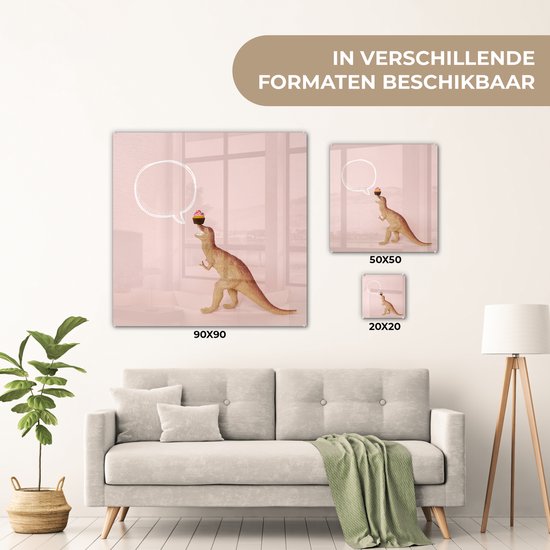 MuchoWow ® Peinture sur Verre - speelgoed Dinosaurus - Cupcake - Rose - 90x90 cm - Peintures sur Verre Peintures - Photo sur Glas
