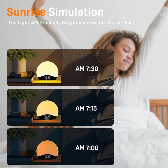 Wekker met Licht - Wake Up Light - Rustig Ontwaken - 22 Natuurlijke Geluiden - 17 Kleuren - Geel van Merkloos — afbeelding 3