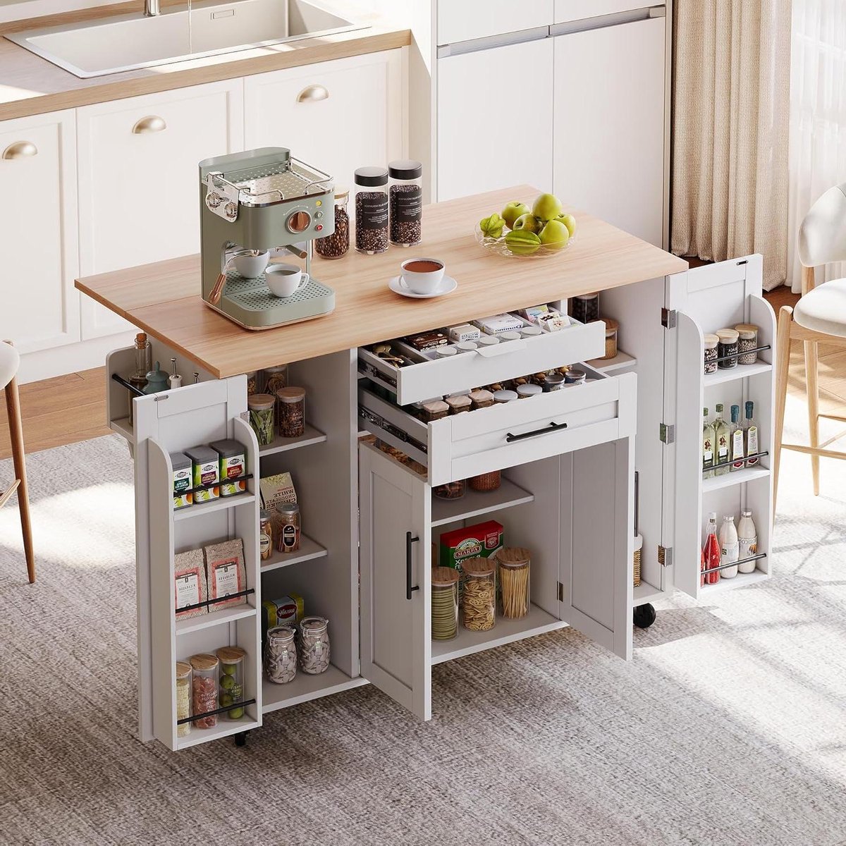 Keuken Eiland - Mobiele Trolley - Keuken Organiseren - Uittrekbaar Werkblad - 136x70x92CM - Wit