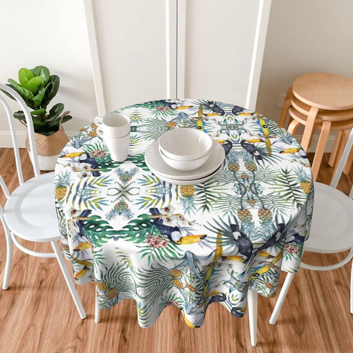 Tafelkleed Tropisch - Bladeren Vogel - Eten Buiten - Waterdicht Rimpelvrij - 150 cm Rond - Zwart