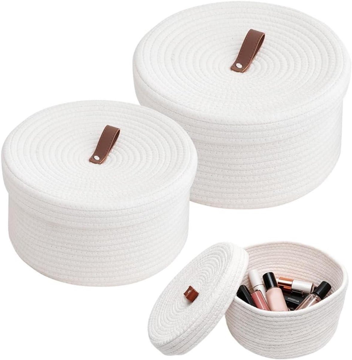 Katoenen Touw Mand - Opbergmand Deksel - Spullen Ordenen - Set van Twee - Ø 28x16.5cm - Wit