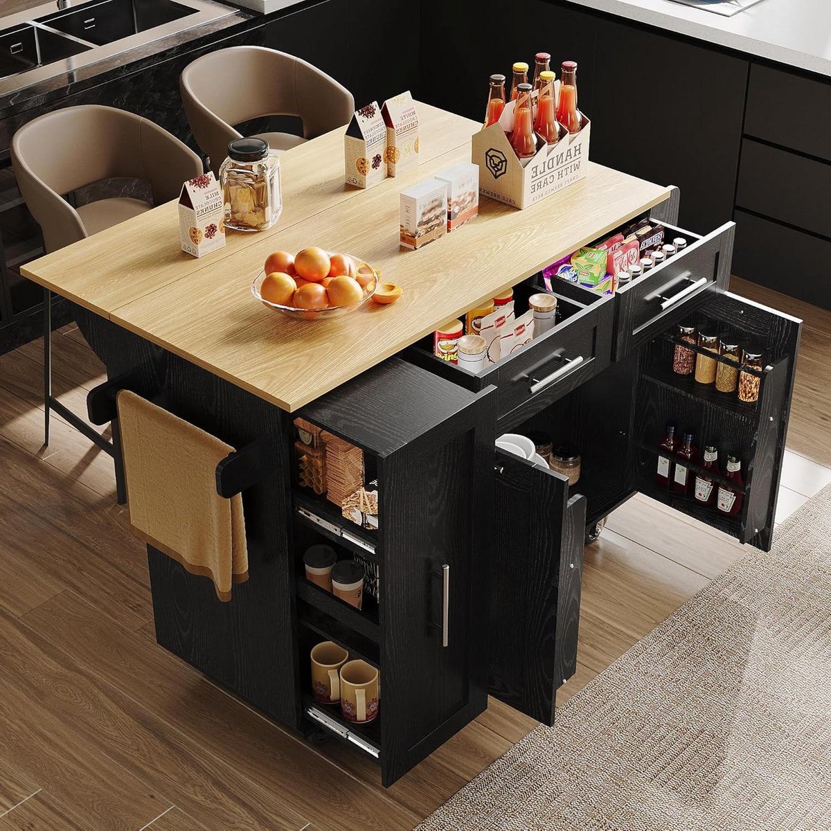 Keuken Trolley - Eettafel Kast - Compact Wonen - Inklapbaar Tafelblad - 110 cm - Zwart