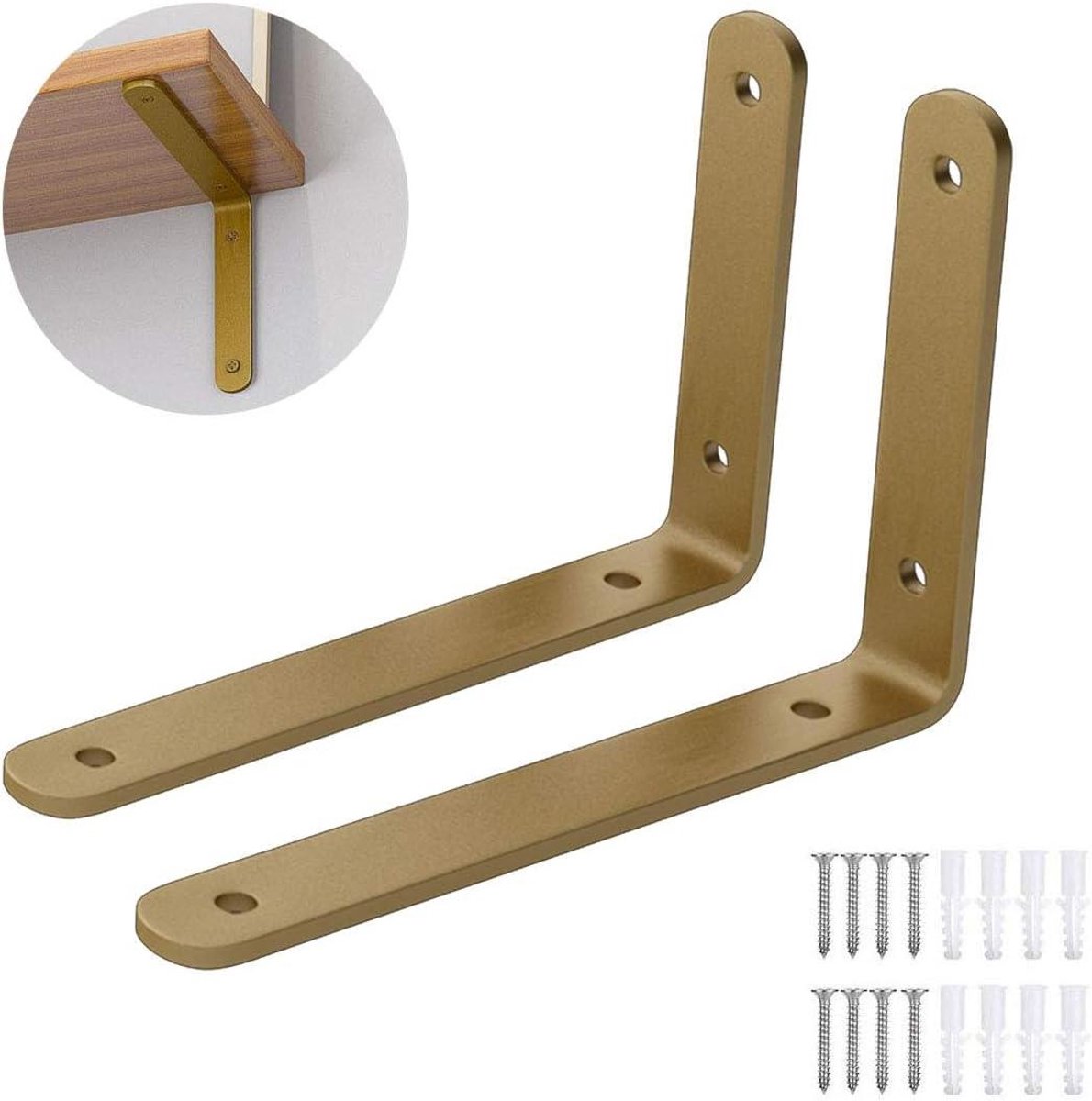 Hoeksteunen Plank - Wandbeugels L-vorm - Opbergen en Decoratie - Zware Kwaliteit Metaal - 25 cm - Goud