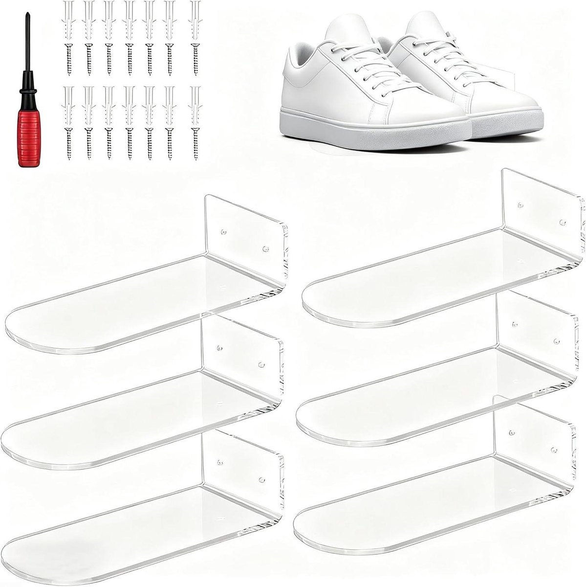 Acryl Schoenenrek - Wandrek Display - Schoenen Tonen - Zwevend Ontwerp - Set van 6 - Transparant