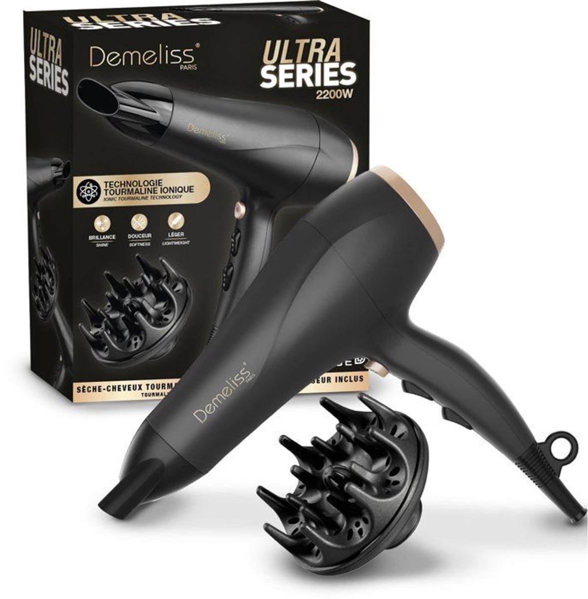 Haardroger - SAINT ALGUE - Demeliss Ultra Serie - Diffuser - 3 temperatuurstanden - 2200 W - Zwart