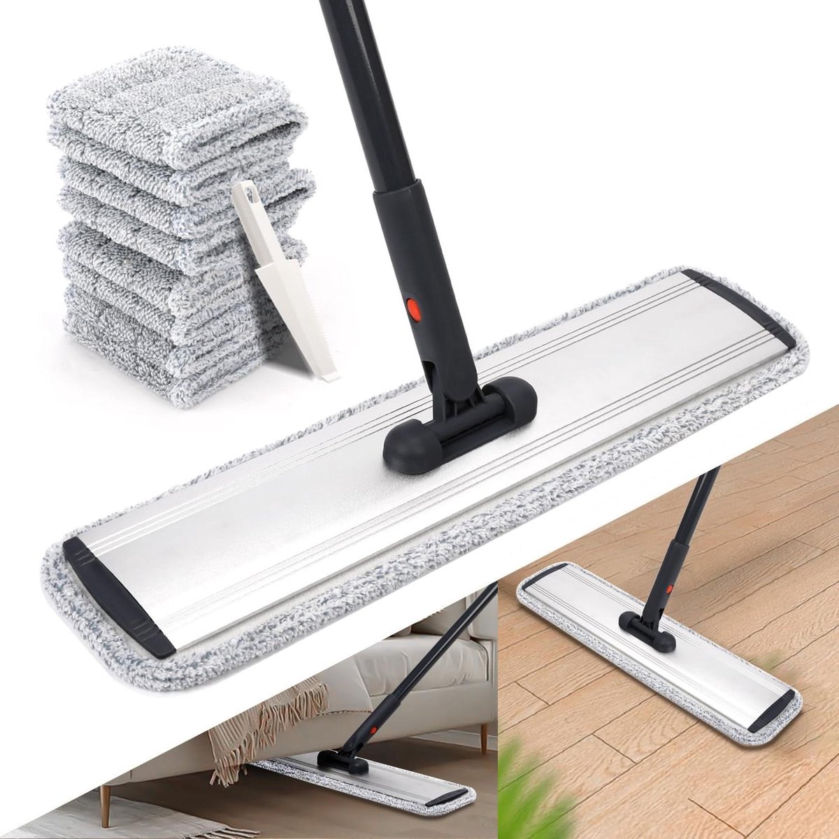 Microvezel Dweil - Vloerreiniger - Efficiënt Schoonmaken - 4 Wasbare Pads - 46 cm Breed - Grijs