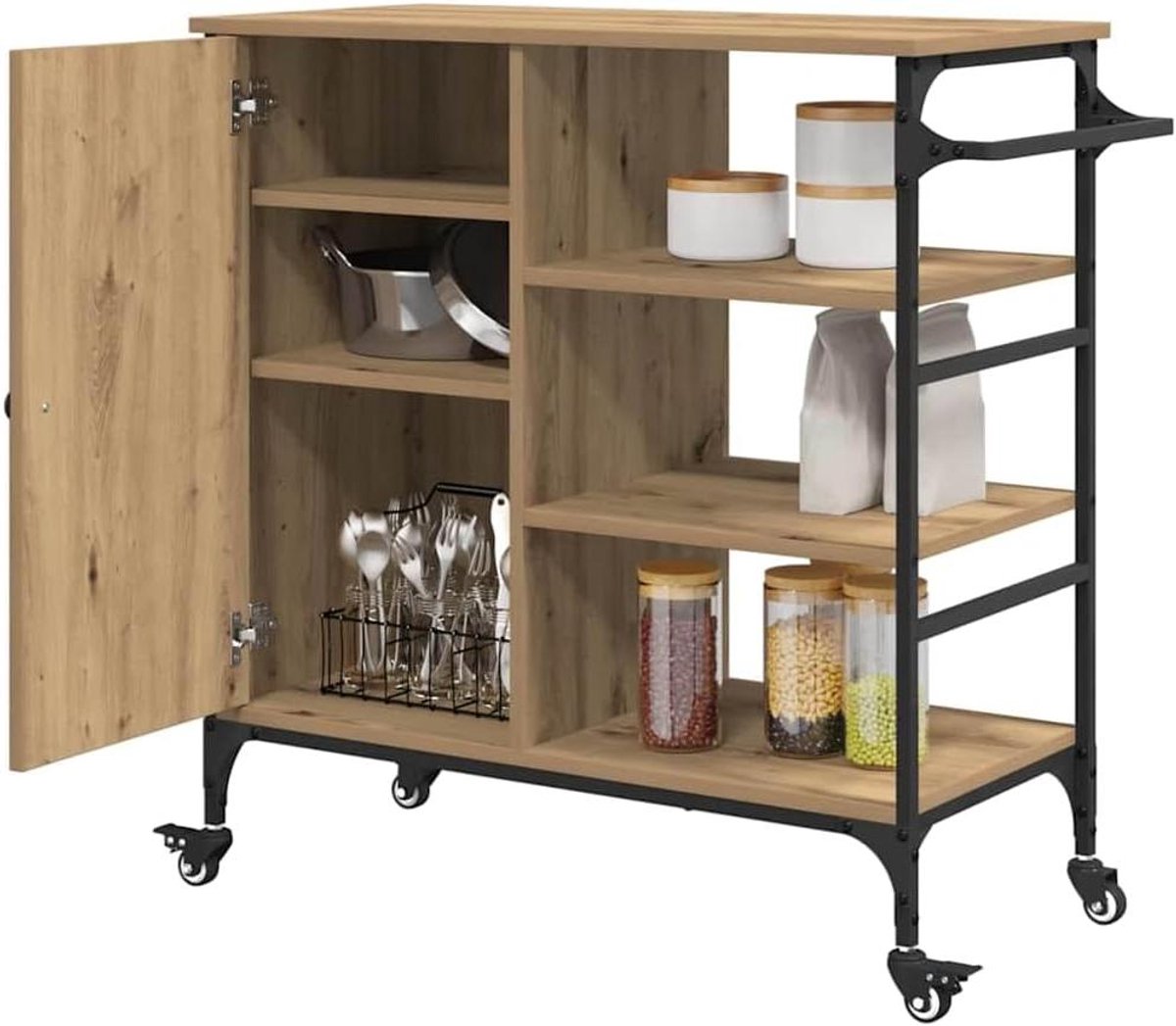Keuken Trolley - Serveertrolley - Extra Werkruimte - Met Kast en Plank - 88x39x84.5 cm - Eiken