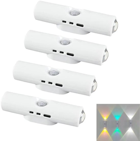 Een set van 4 slimme LED-sfeerlampen met bewegingssensoren, draadloze LED-wandlampen, magnetische bevestiging, oplaadbaar en kleurverloop.