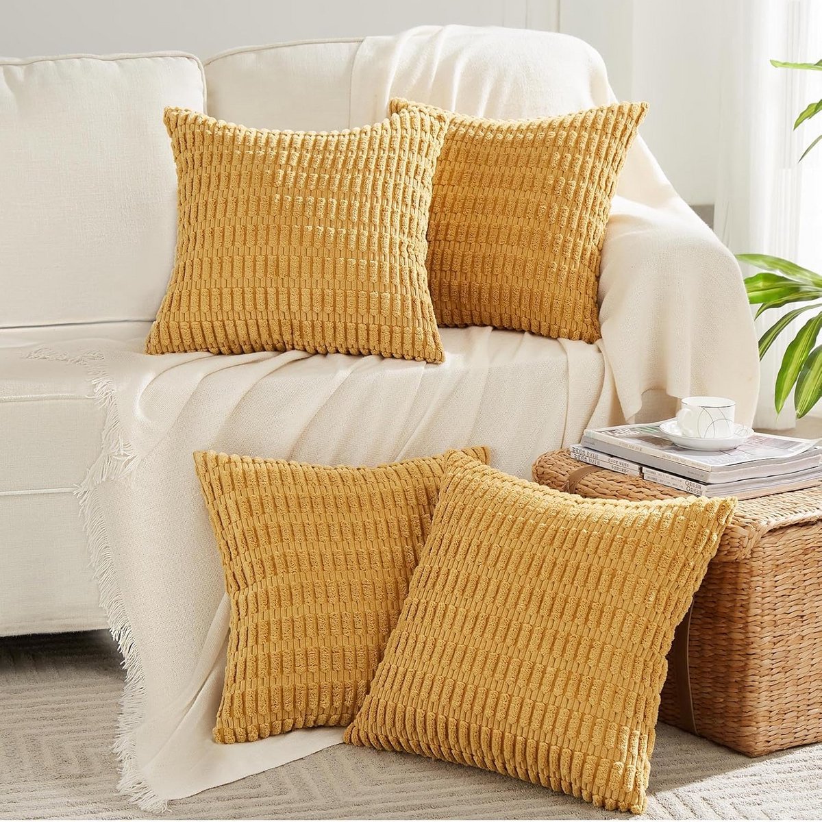 4-delige Set Mosterdgele Corduroy Kussenslopen 40x40 cm voor Woonkamer en Bank