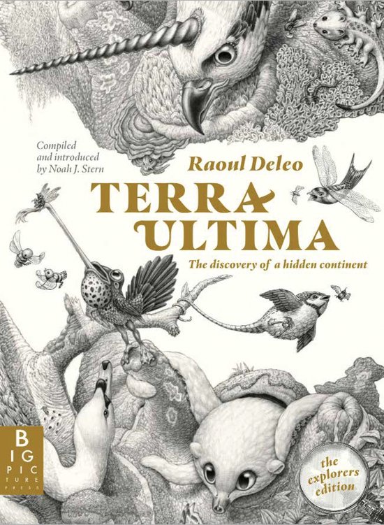 Boekomslag van "Terra Ultima" door Raoul Deleo, met een gedetailleerde illustratie van mythologische wezens en vogels, in zwart-wit.