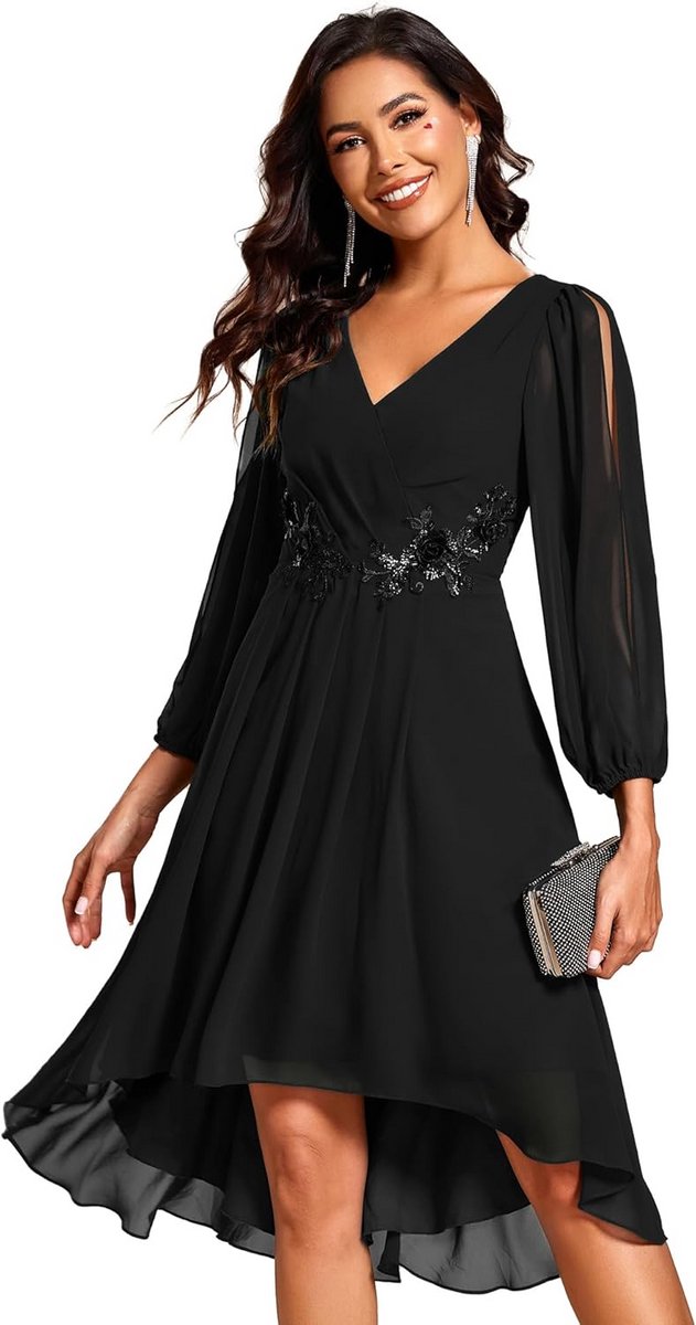 Ever-Pretty EG02926 Women's Wedding Dress for Guests Ladies Knee-Length Appliqué V-Neck Long Sleeve Chic Dress