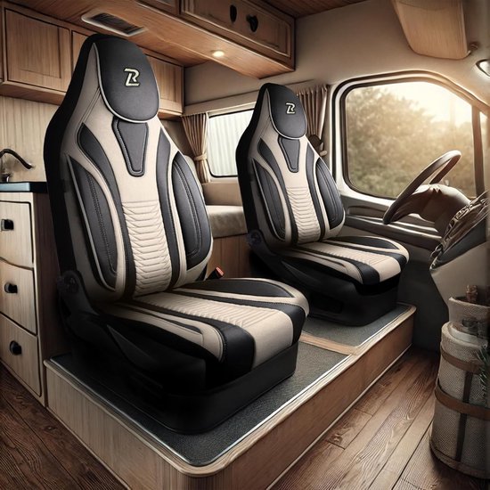 Set van 2 Stoelhoezen voor Camperbus Fiat Ducato, Peugeot Boxer, Citroen Jumper en Opel Movano - Beige Velours en Kunstleer — afbeelding 2