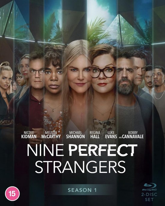De cover van de Blu-ray disc van 'Nine Perfect Strangers' seizoen 1, met een castfoto van de serie.