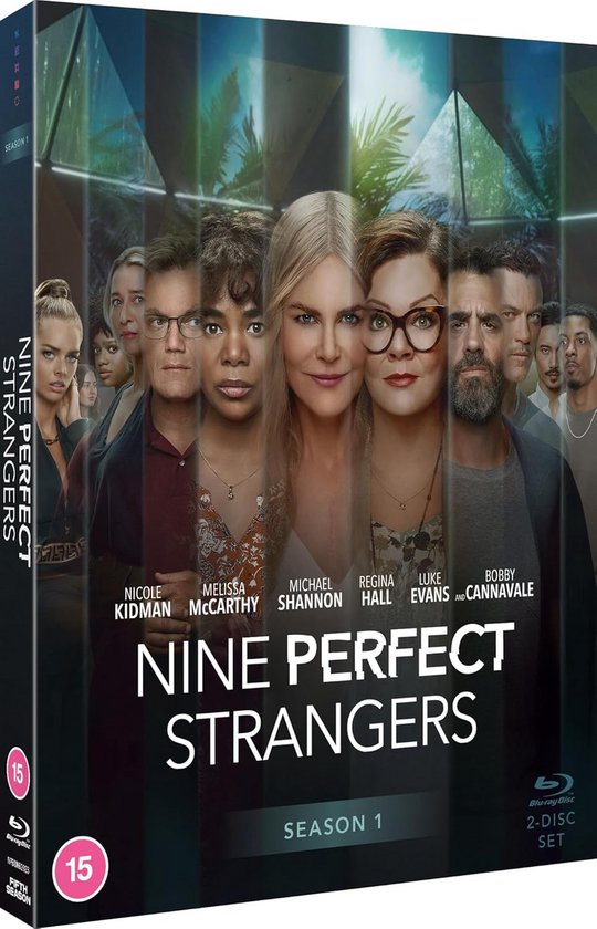 De cover van de Blu-ray disc van 'Nine Perfect Strangers' seizoen 1, met Nicole Kidman in het midden, omringd door de cast.
