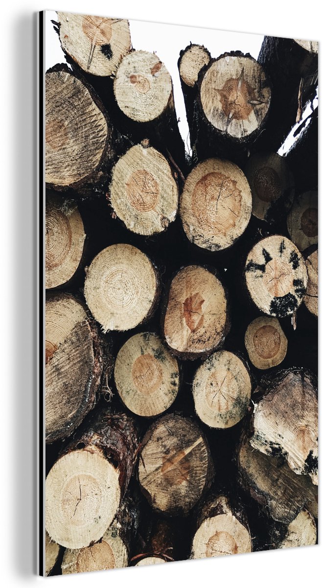 Aluminium schilderij 100x150 cm - Wanddecoratie metaal - Hout - Winter - Haard - Boomstam