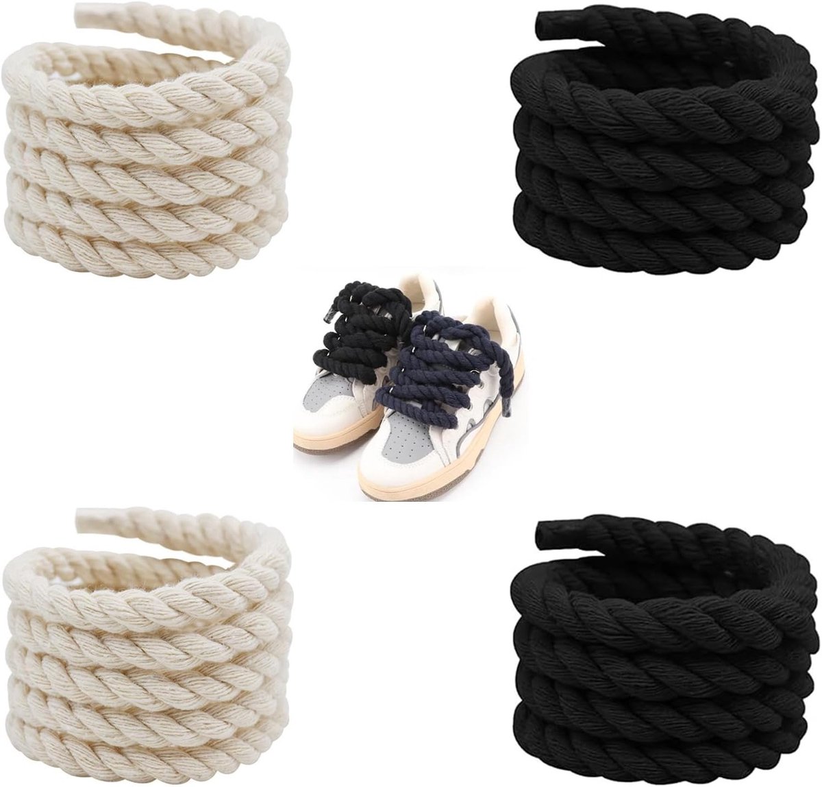 Dikke ronde veters van 7 mm in zwart en beige, 160 cm lang, perfect voor sneakers, sportschoenen en hardloopschoenen