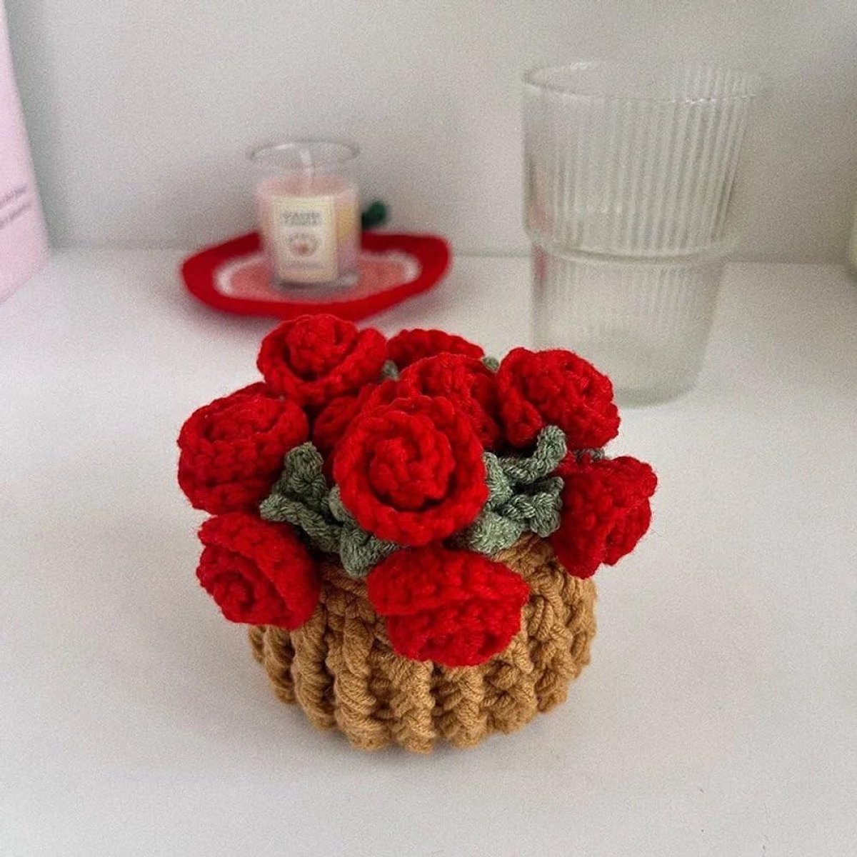 Gehaakte Onderzetter - Mini Mand Set - Tafel Beschermen - Handgeweven Ontwerp - 15 cm - Rood