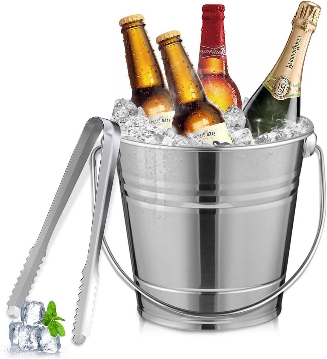 Ijsemmer met tang - IJskoeler RVS - Drankjes koelen - Met zeef en clip - 3 liter - Zilver