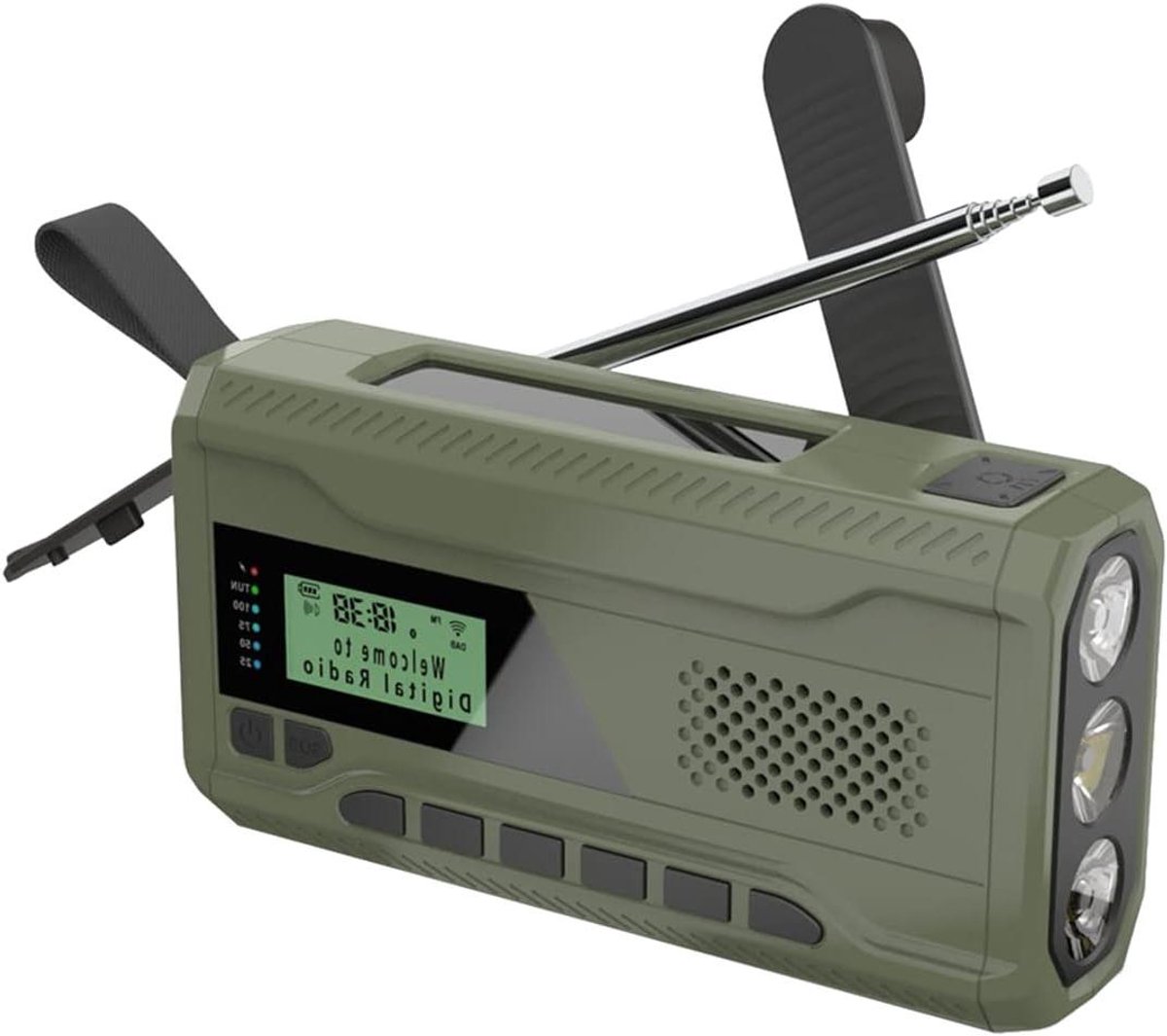 Noodradio - Draagbare Radio - Outdoor Activiteiten - Zonne- en Slinger Opladen - 18 x 10 x 7 cm - Groen