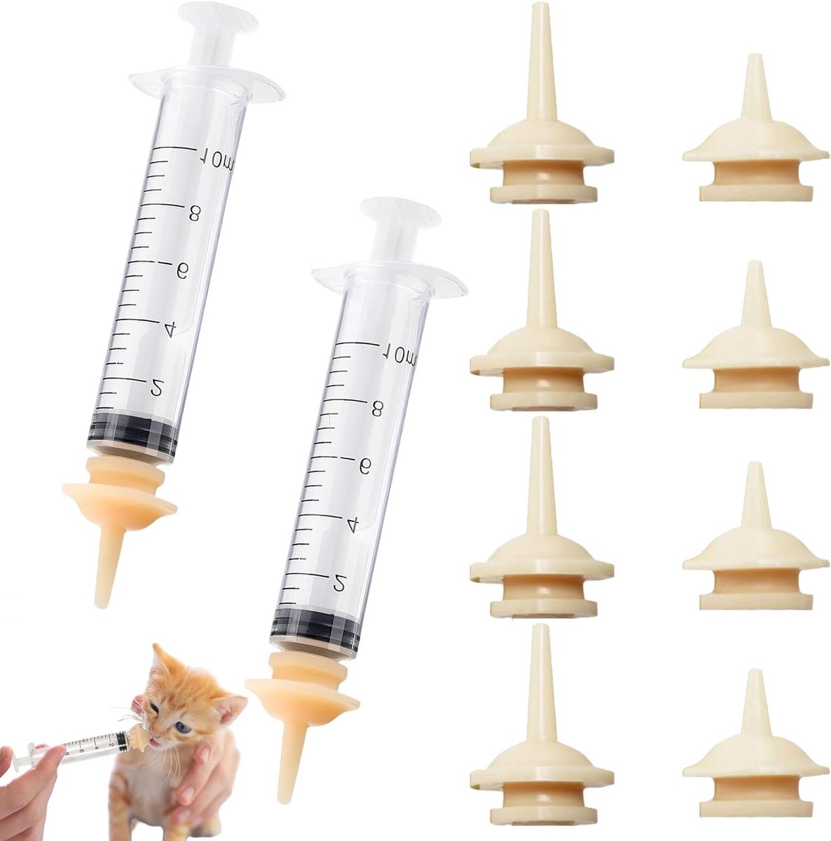 Complete Voedingsset voor Kitten - 2 Spuiten met Schaal en 8 Silicone Teats voor Kittens, Puppy’s en Kleine Dieren