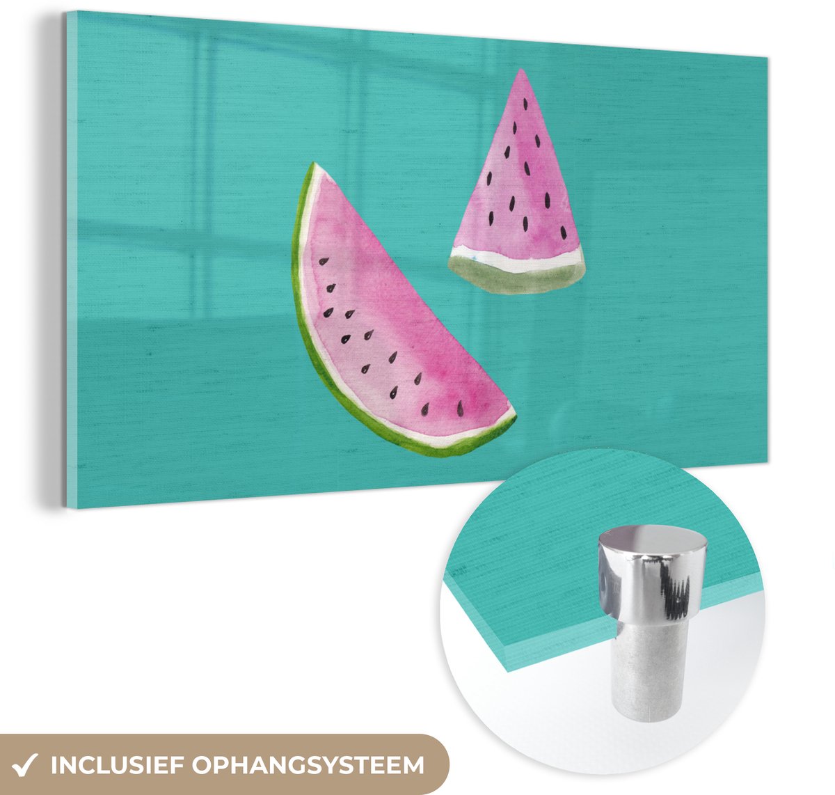 ® Glasschilderij 80x40 cm - Schilderij acrylglas - Meloen - Waterverf - Blauw - Foto op glas - Muurdecoratie woonkamer - Wanddecoratie slaapkamer - Schilderijen