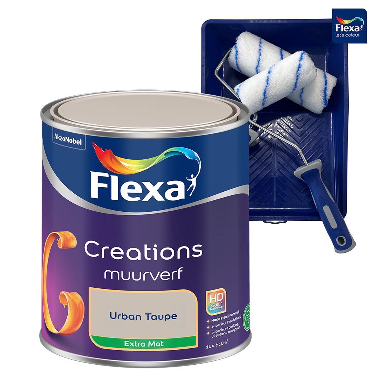 Voordeelpakket Flexa Creations - Muurverf - Extra Mat - Urban Taupe - 1 Liter + Muurverf Roller - 5 Delig