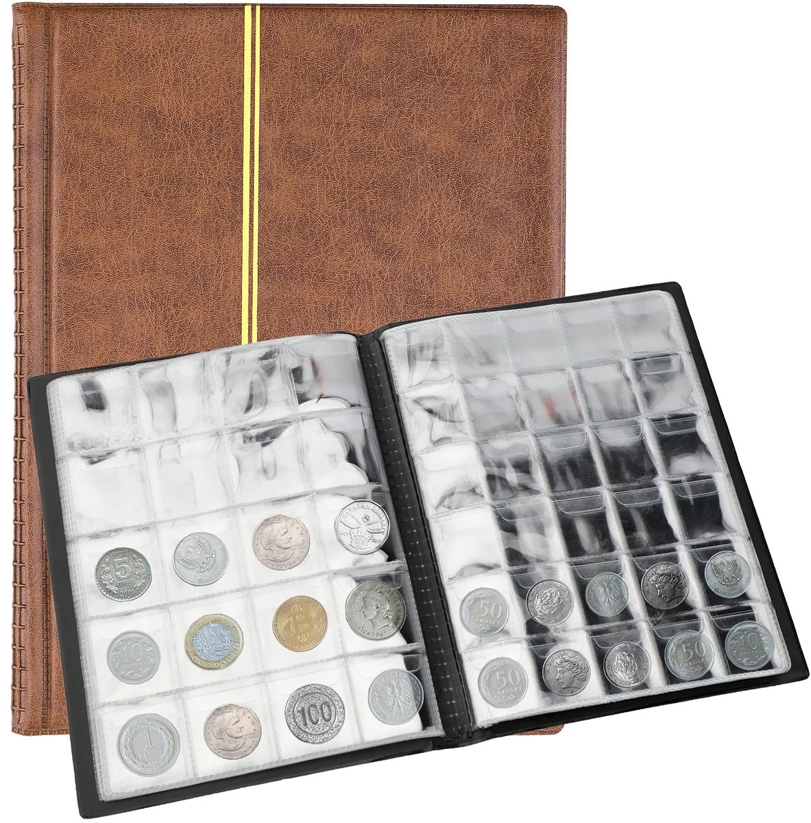 aladdien - Munten Album - 250 Zakken - Bruin - Verzamelings Boek - Kunstleer - Geschikt voor Muntenverzamelaars - 10 Pagina's