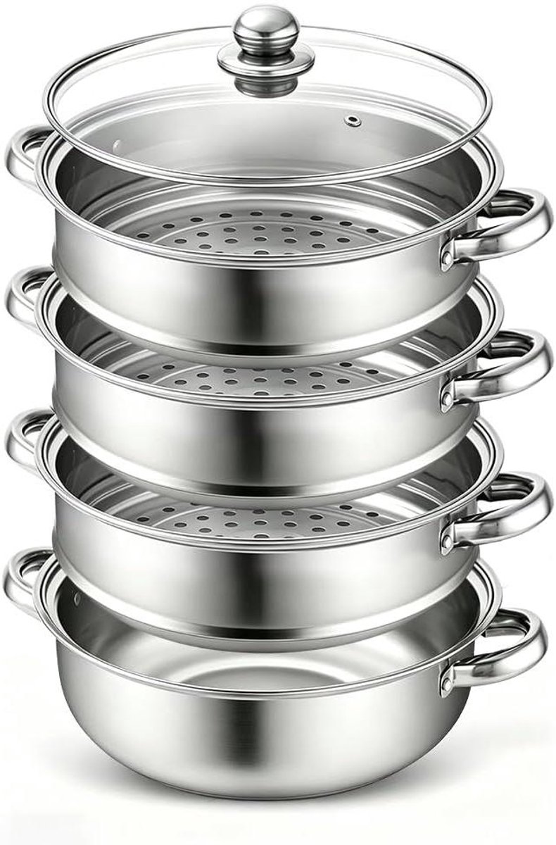 Stoompan met Inzet - Stoomkoker - Gezond Koken - 3/4 Laags Koken - 28 cm Diameter - Zilver